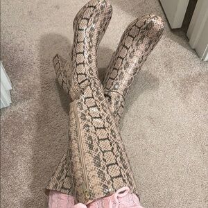 JustFab Tan and Black Snakeskin Heeled Boots